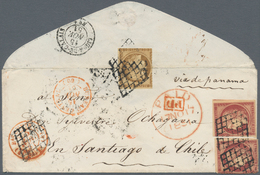 01452 Frankreich: 1851, Ceres 1fr. Carmine (2) And 10c. Bistre, Correct 2.10fr. Rate On Cover To Santiago - Oblitérés