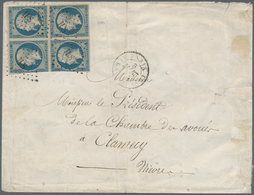 01457 Frankreich: 1852, 25 C Blue, Block Of Four, Tied By Rhombus Of Dots "HS" Cancellation, On Cover From - Gebraucht