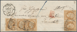 01458 Frankreich: 1862, 10 C. Yellow-brown (2 Pairs And Single Value) On Small Decorative Embossed Valenti - Oblitérés