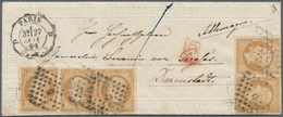 01458 Frankreich: 1862, 10 C. Yellow-brown (2 Pairs And Single Value) On Small Decorative Embossed Valenti - Usados