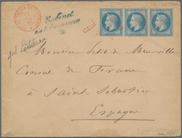 01473 Frankreich: 1868, 20c. Blue "laure" Horiz. Strip Of Three, 60c. Rate On Double Weight Letter Oblit. - Used Stamps