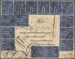 01484 Frankreich: 1877, 1 C Black On Cobalt Blue, Fifteen Copies Including Strips, Multiple Franking On Co - Gebruikt