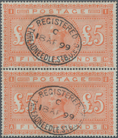 01507 Großbritannien: 1882: 5 £ Orange On White Paper, Vertical Pair "AM-AN", Each Stamp Centrally Cancell - Autres & Non Classés
