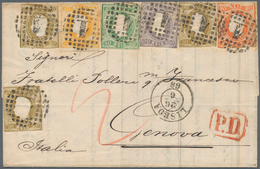 01587 Portugal: 1868, 10 R Orange-yellow, 3 X 20 R Olive, 50 R Green, 80 R Orange And 100 R Grey-lilac Lui - Brieven En Documenten