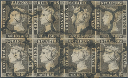 01636 Spanien: 1850, 6cs. Black, BLOCK OF EIGHT, Fresh Colour, Neatly Oblit. By Black "matasello Arana", F - Gebruikt