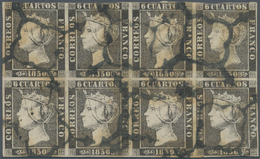 01636 Spanien: 1850, 6cs. Black, BLOCK OF EIGHT, Fresh Colour, Neatly Oblit. By Black "matasello Arana", F - Used Stamps