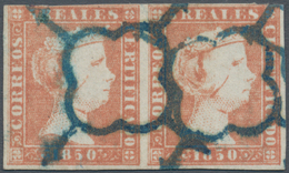 01639 Spanien: 1850, 5r. Red, Horiz. Pair Of Fresh Colour, Slightly Touched At Top Otherwise Full Margins, - Oblitérés