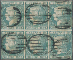 01643 Spanien: 1852. 6 Reales Blue-green, Block Of Six, Black Grid Cancellation. Photo Certification By Ex - Used Stamps