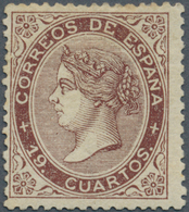 01648 Spanien: 1868, Isabela 19 Cuartos Chestnut, Perf. 13.9x14.1, Unused Mounted Mint. Magnificent, Signe - Usados