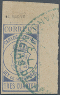 01698 Spanien - Carlistische Post: 1874, TRES CUARTOS Blue, Marginal Copy From The Upper Right Corner Of T - Carlists