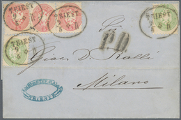 01842 Österreich: 1863, Doppeladler Weit Gezähnt 2x 3 Kr. Hellgrün Und 3x 5 Kr. Rot Auf Brief Triest Nach - Ungebraucht