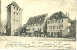 Delcampe - 67 Cpa Selestat  Tour Des Sorcieres Place Strasbourg Commerce Farine Son Animation 1905 - Selestat