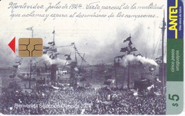 Delcampe - Nº 60 TARJETA DE URUGUAY DE BIENVENIDA A LA SELECCIÓN DEL MUNDIAL DEL AÑO 1924 (CHIP ROJO) (FUTBOL-FOOTBALL) - Uruguay