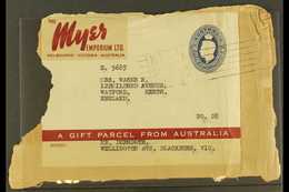 1946 5s10d Myer Emporium Food Parcel Label Addressed To England Tied To Piece By Melbourne Roller Datestamp, Vertical Cr - Altri & Non Classificati