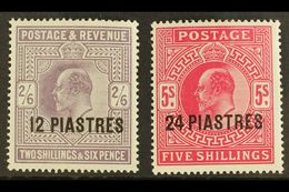 1902 - 05 12pi On 2s6d Lilac And 24pi On 5s Bright Carmine, SG 11/12, Very Fine And Fresh Mint. (2 Stamps) For More Imag - Levante Britannico