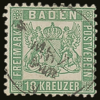 BADEN 1862 18kr Bright Green, Perf 10, Mi 21a, Very Fine Used With Neat Cds Cancel. For More Images, Please Visit Http:/ - Autres & Non Classés