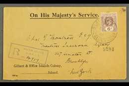 OCEAN ISLAND 1928 Official Registered Cover To New York, USA, Bearing KGV 6d, Cancelled With "G.P.O. Ocean Isld." Pmk An - Îles Gilbert Et Ellice (...-1979)