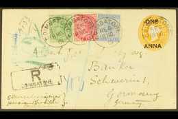 1901 (Nov 18th) Registered (+ Surcharged) Postal Stationery Cover From Coimbatore To Germany, Uprated  With ½a, 1a & 2a  - Otros & Sin Clasificación