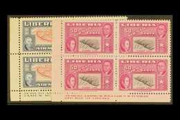 1952 25c & 50c Airmails, ERROR OF COLOUR, Corner Imprint Locks Of Four, Scott , Gum Faults On Top Two Stamps Of Each Blo - Liberia
