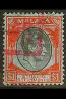 MALACCA 1942 $1 Black And Red On Blue, Straits Settlements, With Part "Malacca Chop" Overprint, SG J55, Superb Used. Rar - Sonstige & Ohne Zuordnung