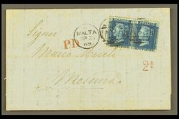 1869 ENTIRE LETTER TO MESSINA Bearing Great Britain 2d Blue, Plate 13, Horizontal Pair, Tied By "MALTA / A25" Duplexes,  - Malte (...-1964)