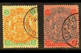 1896-7 Die II Arms, 5s Chestnut & Emerald And 10s Slate & Vermilion On Rose, SG 49/50, Very Fine Used (2). For More Imag - Altri & Non Classificati