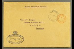 1915 (11 Oct) Stampless OHMS Cover To Scotland, Bearing "Windhuk" & Red "Cape Town Official Paid" Cds's And Superb Blue  - South West Africa (1923-1990)