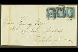 1848 (19 Sept) EL From Sanquhur To Edinburgh Bearing A STRIP OF THREE 1841 2d Blues 'OE-OG' Plate 3, Just Into At Right  - Andere & Zonder Classificatie