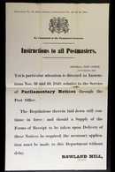 1855 POSTAL NOTICES. TWO November 1855 "Instructions To All Postmasters / POSTAGE STAMPS." From Rowland Hill Allowing Su - Andere & Zonder Classificatie