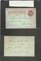 Chile - Stationery. 1886 (1 Enero) PINOCHET Family Usage. Santiago Local 2c Red / Bluish Stat Card. Early Cancel Type 18 - Chili