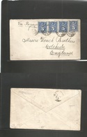 Chile. 1890 (29 Sept) Iquique - UK, Colchester (Nov 3) Via Panama. Multifkd Env 5c Blue (x4) Tied Cds. Fine Multiple Usa - Cile