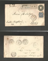 Chile - Stationery. 1893 (27 May) Santiago - France, Paris (8 July) Registered AR 20c Dark Green Stat Env + 5c Adtl, Cds - Chile