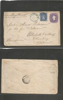 Chile. 1897 (10 May) Temuco - Germany, Hamburg (13 June) 5c Lilac Stat + Env Doble Wavy Lines Paper + 5c Blue Adtl, Tied - Chile