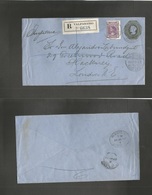 Chile - Stationery. 1902 (28 Apr) Valp - UK, London (27-28 May) Registered 20c Dark Green / Bluish Paper Stat Env + 10c  - Cile