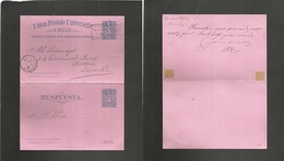 Chile - Stationery. 1902 (19 June) Iquique - UK, London (1 Aug) 3 Ct Blue / Pinkish Stat Doble Card. Used On Way Out. VF - Chili