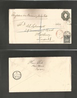 Chile. 1902 (27 June) Iquique - UK, Hackney (Aug 1) Registered 20c Dark Green Colon Stationary Envelope + 20c Perce Grey - Chili
