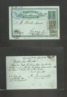 Chile - Stationery. 1904 (20 April) Corral - Germany, Leipzig (7 June) 1c Green. Colon Issue Stat Card + 2 Adtls, Cancel - Chili