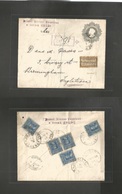 Chile - Stationery. 1909 (9 May) Serena - UK, Birmingham (8 June) Registered 5c Grey Stat Env + 5 Adtls 5c Blue Tied Cds - Chili