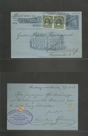 Chile - Stationery. 1913 (8 July) Santiago - Germany, Hamburg. 6c/3c. Blue Grey Stat Card + 2 Adtls, Rolling Cachet. Fin - Cile