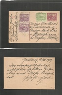 Czechoslovakia. 1919 (16 Aug) Jansdorf / Sanor - Switzerland, Ruvigliano, Lugano, Ticino 10g Red Stat Card + 3 Adtls, Cd - Autres & Non Classés