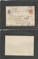Denmark. 1909 (7 Aug) Nordby - UK, Rochdale, Lancashire. 10 Ore Red / Bluish Card Stat Lettersheet, Tax + Insuf + Aux Ca - Other & Unclassified