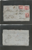 France. 1862 (12 July) Paris - Norway, Sandosund (17 July) EL Full Text Frd 80c (x3) Uneven Margin. Doble Letter Rate. O - Otros & Sin Clasificación