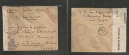 Frc - India. 1945 (6 Sept) Karikal - France, Limoges (27 Sept) FM French India. Registered Mail + Censored + Cachets + B - Autres & Non Classés