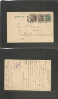 Germany - Stationery. 1907 (22 Dec) Bremen - Hanoi, Tonkin, Asia. 5 Pf Green Germania Stat Card + 2 Adtls. Rare Dest. - Other & Unclassified