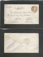 India. 1904 (23 Aug) Trivandrum - Belgium, Ypres (12 Sept) 2a6p Yellow QV Stat Envelope. Via Brindisi. Arrival Cachets.  - Altri & Non Classificati