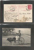 India. 1908 (4 March) Wellington St, Calcutta - Germany, Reidenbach. Fkd Ppc (cart Photo) Via Sea Post Office BOMBAY - A - Autres & Non Classés