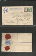 Malaysia. 1924 (18 Dec) Trengganu - Singapore. Registered 10 Cent Trengganu Stationary Envelope + 2 Adtls, Tied Cds, Als - Malesia (1964-...)