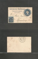 Mexico - Stationery. 1900 (30 Junio) DF - Germany, Abrensburg. REPLY Half Stat Lettersheet 5c Blue Embossed Eagle + Adtl - Messico