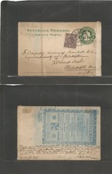 Mexico - Stationery. 1904 (Sept 28) Mexico DF - USA, Philadelphia. 1c Green Embossed Eagle Stat Card + Adtl Reverse PRIV - Mexico