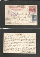 Nicaragua. 1903 (27 Oct) Leon - Germany, Mulhouse (10 Nov) 2c Red Stat Card + 5c Adtl, Oval Lilac Cachet + Arrival Cds.  - Nicaragua